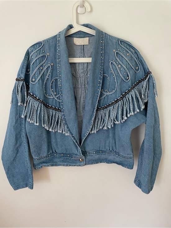 Vintage Jackets & Blazers - Vintage cache western fringe rhinestone denim jacket size M